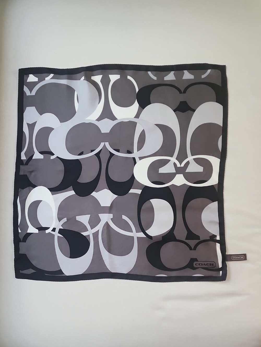 Coach Gray, Black and White Signature Print Silk Scarf 20x20